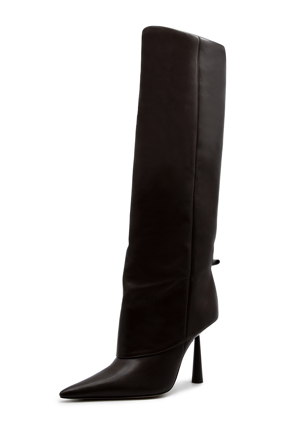 Faux Leather Folded Over Heeled Knee High Long Boots - Chocolate