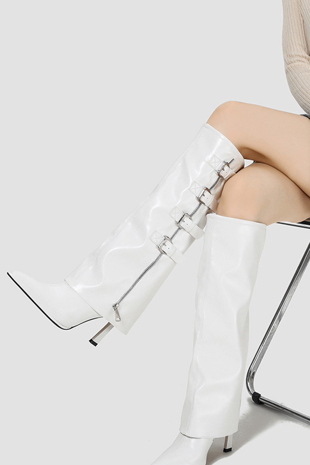 Buckle Detail Fold Over Knee-High High Heeled Boots - White