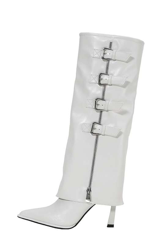 Buckle Detail Fold Over Knee-High High Heeled Boots - White