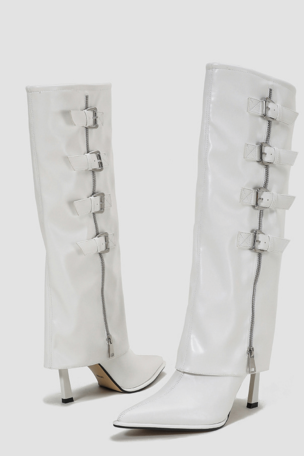 Buckle Detail Fold Over Knee-High High Heeled Boots - White