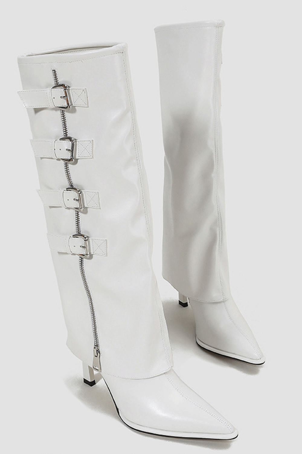 Buckle Detail Fold Over Knee-High High Heeled Boots - White