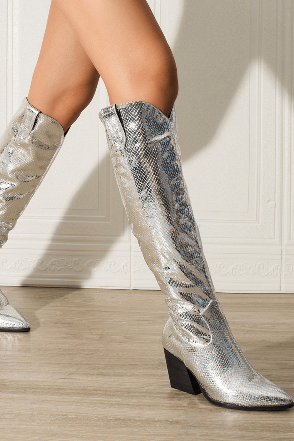 Metallic Python Western Cowgirl Pointed Toe Knee High Boot - Siver