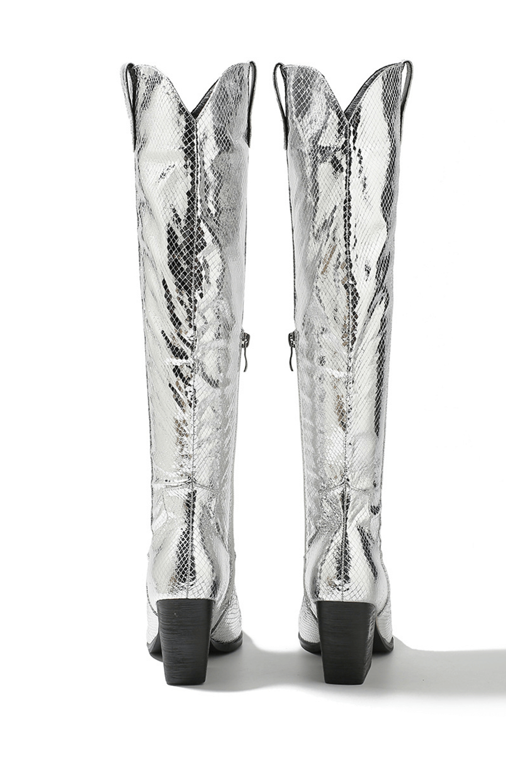Metallic Python Western Cowgirl Pointed Toe Knee High Boot - Siver