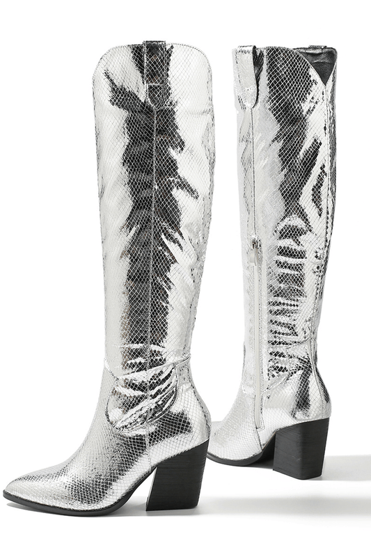 Metallic Python Western Cowgirl Pointed Toe Knee High Boot - Siver