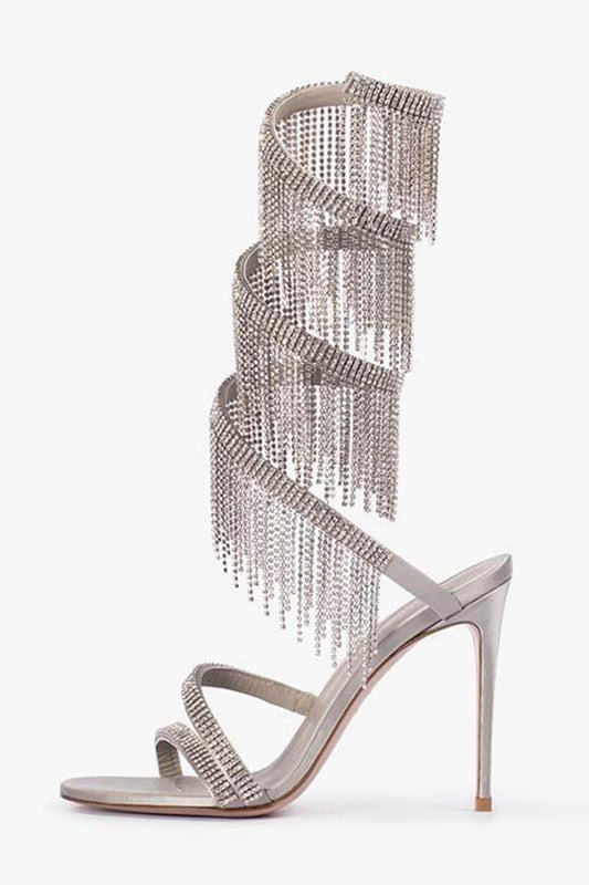 Crystal Rhinestones Fringed Open Pointed Toe Around The Ankle Coil Stiletto Heeled Sandals - Silver