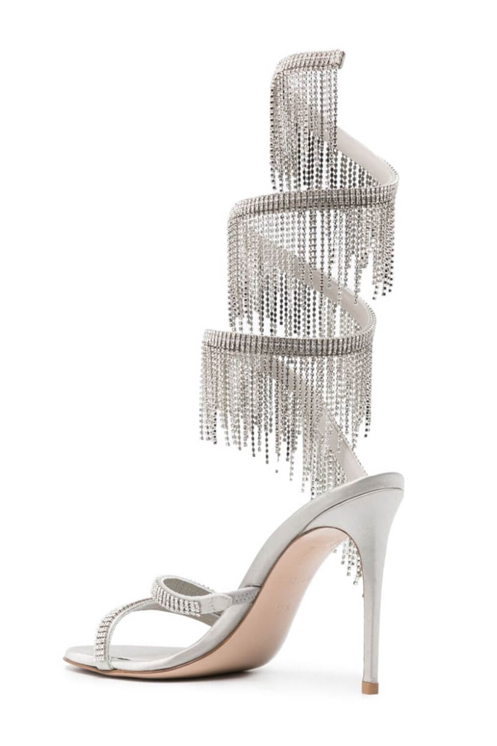 Crystal Rhinestones Fringed Open Pointed Toe Around The Ankle Coil Stiletto Heeled Sandals - Silver
