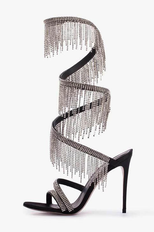 Crystal Rhinestones Fringed Open Pointed Toe Around The Ankle Coil Stiletto Heeled Sandals - Black