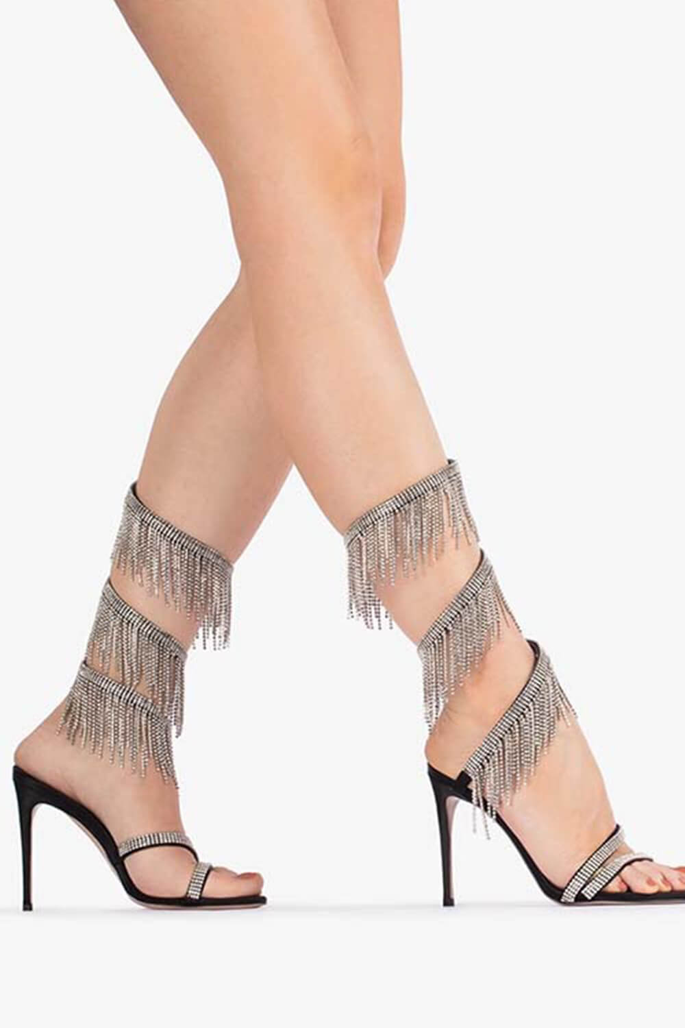 Crystal Rhinestones Fringed Open Pointed Toe Around The Ankle Coil Stiletto Heeled Sandals - Black