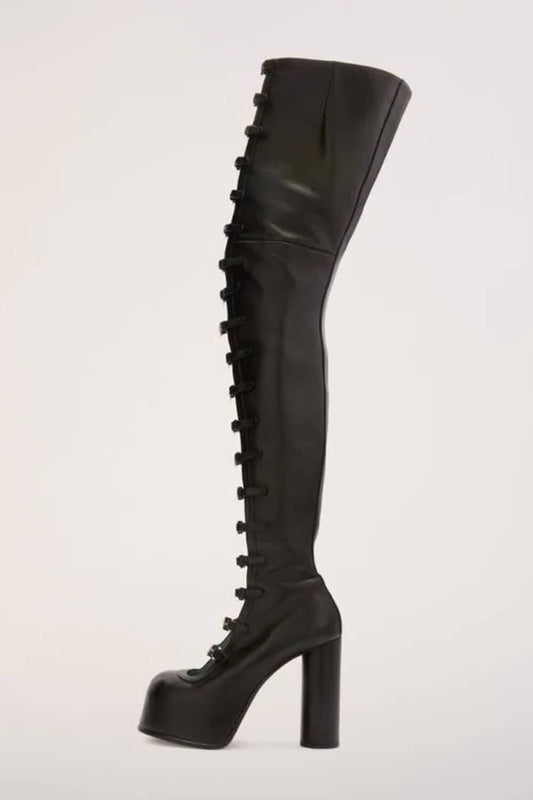 Multi Buckle Strap Thigh High Chunky Platform Boots - Black