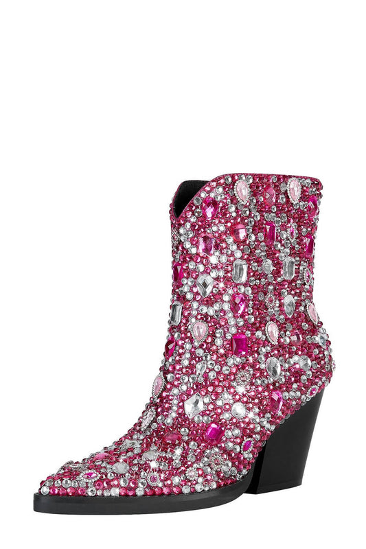 Gem And Rhinestone Embellished Pointed Toe Block Heel Western Cowboy Boots - Pink