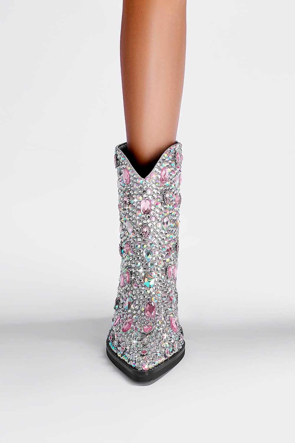 Gem And Rhinestone Embellished Pointed Toe Block Heel Western Cowboy Boots - Silver