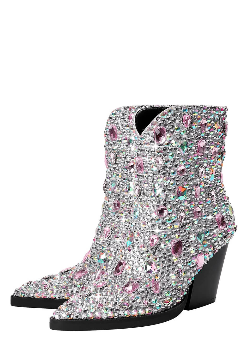 Gem And Rhinestone Embellished Pointed Toe Block Heel Western Cowboy Boots - Silver