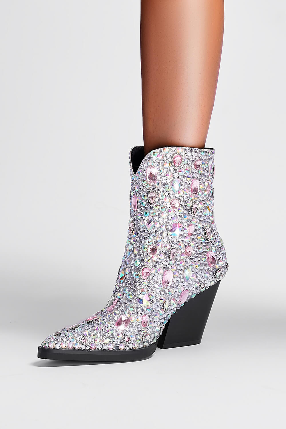Gem And Rhinestone Embellished Pointed Toe Block Heel Western Cowboy Boots - Silver