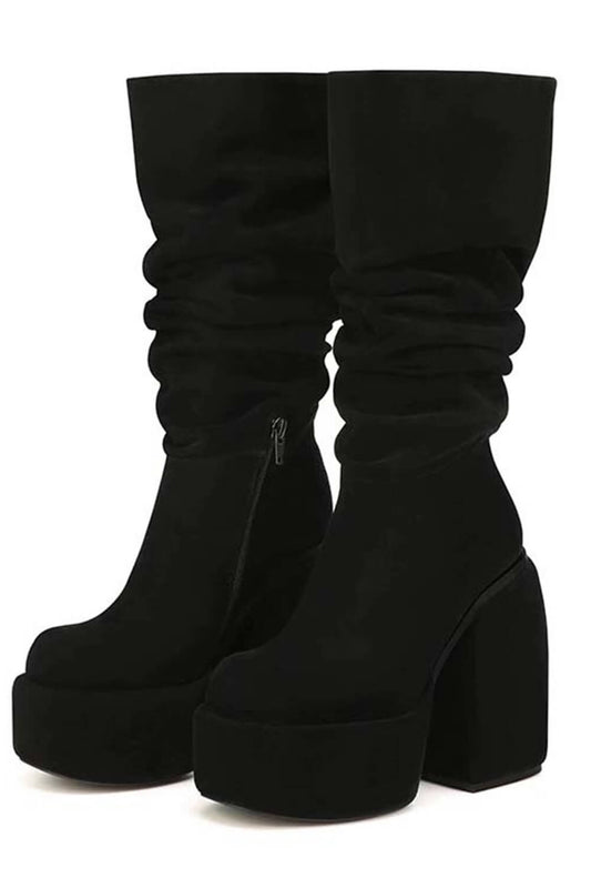 Faux Suede Ruched Round Toe Chunky Platform Block Heel Knee High Boot - Black