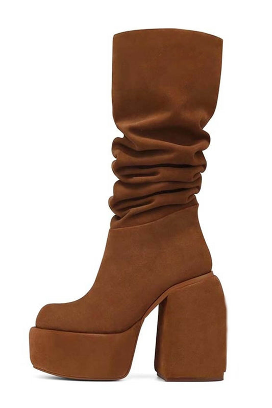 Faux Suede Ruched Round Toe Chunky Platform Block Heel Knee High Boot - Brown