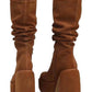 Faux Suede Ruched Round Toe Chunky Platform Block Heel Knee High Boot - Brown