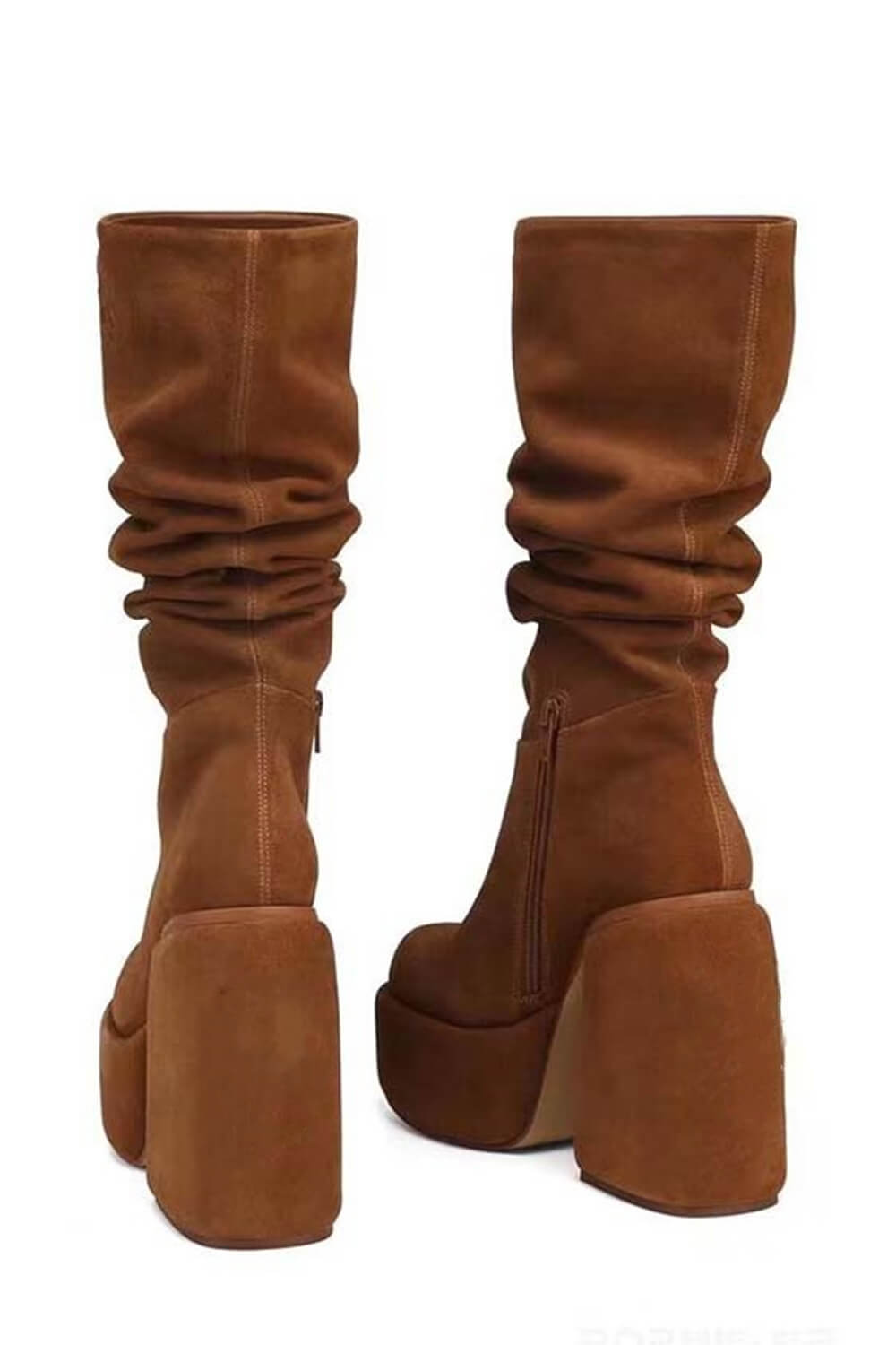 Faux Suede Ruched Round Toe Chunky Platform Block Heel Knee High Boot - Brown