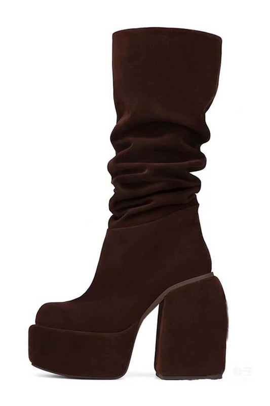 Faux Suede Ruched Round Toe Chunky Platform Block Heel Knee High Boot - Chocolate