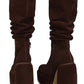 Faux Suede Ruched Round Toe Chunky Platform Block Heel Knee High Boot - Chocolate
