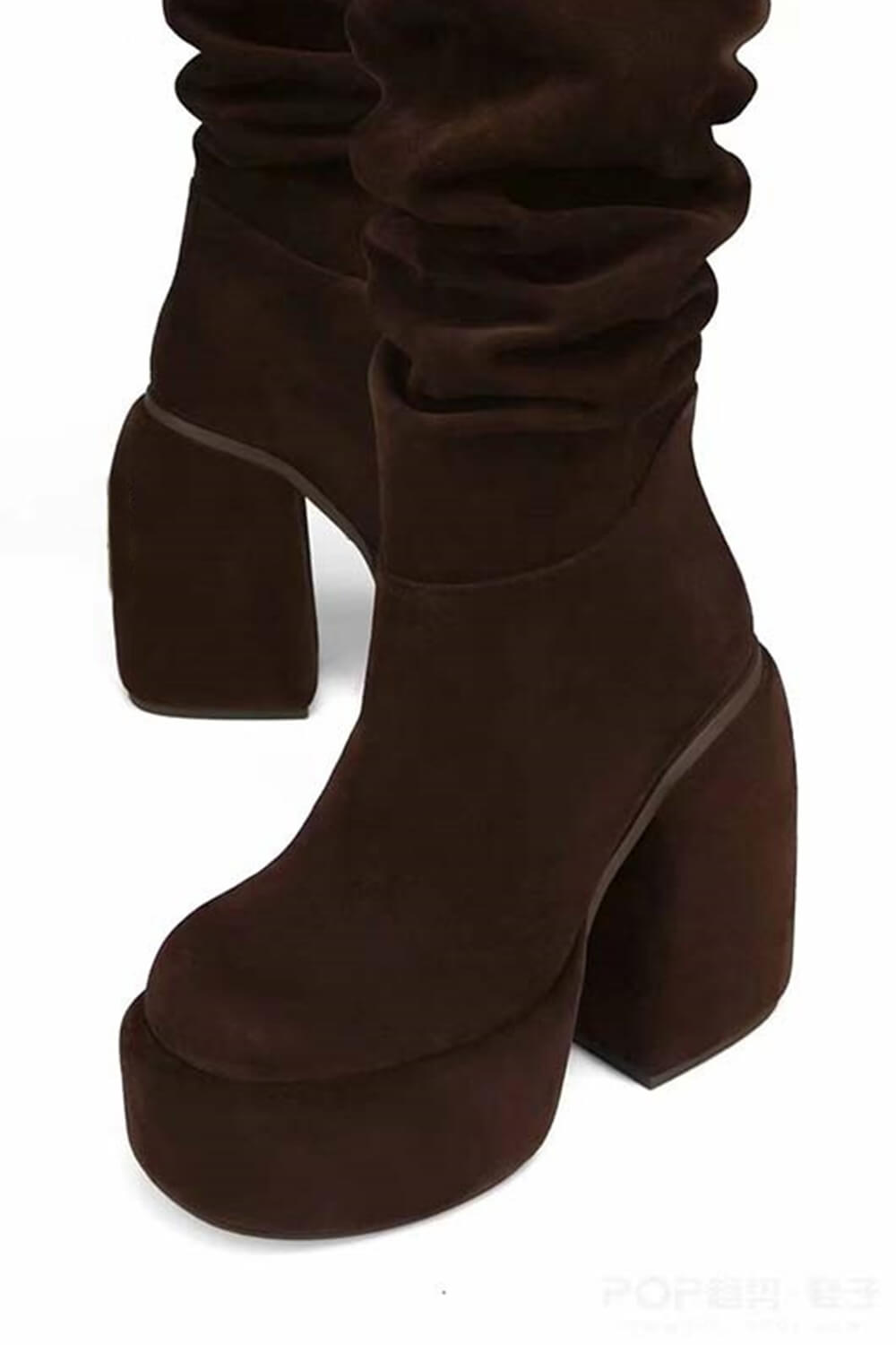 Faux Suede Ruched Round Toe Chunky Platform Block Heel Knee High Boot - Chocolate