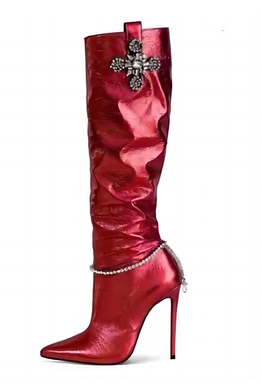 Metallic Rhinestone Charm Pointed Toe Knee High Stiletto Boots - Red