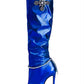 Metallic Rhinestone Charm Pointed Toe Knee High Stiletto Boots - Blue