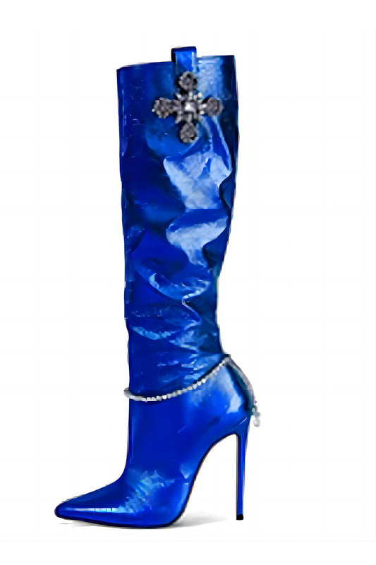 Metallic Rhinestone Charm Pointed Toe Knee High Stiletto Boots - Blue