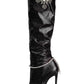 Metallic Rhinestone Charm Pointed Toe Knee High Stiletto Boots - Black