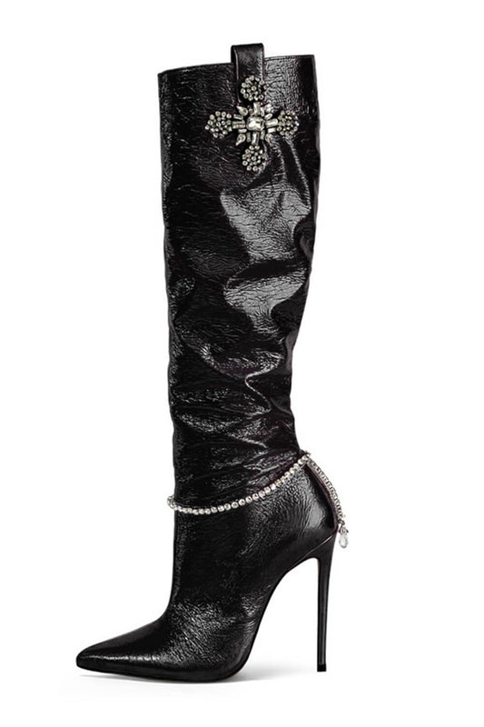 Metallic Rhinestone Charm Pointed Toe Knee High Stiletto Boots - Black