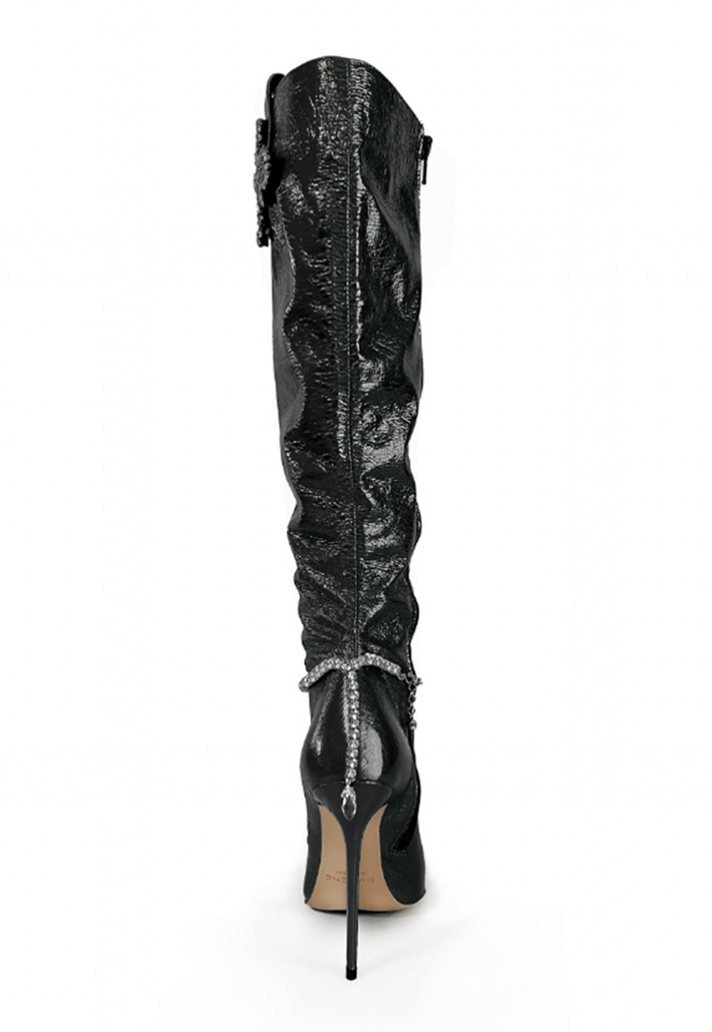 Metallic Rhinestone Charm Pointed Toe Knee High Stiletto Boots - Black