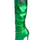 Metallic Rhinestone Charm Pointed Toe Knee High Stiletto Boots - Green