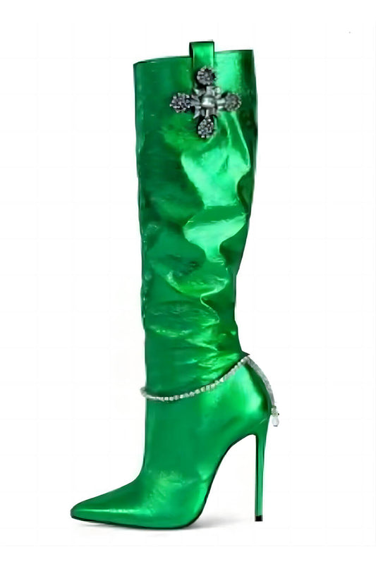 Metallic Rhinestone Charm Pointed Toe Knee High Stiletto Boots - Green