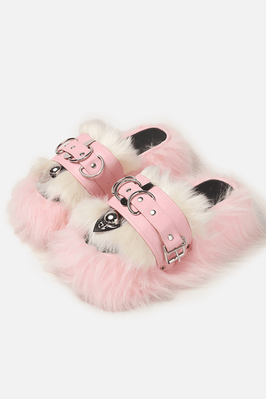 Faux Fur Belted Platform Slipper - Pink