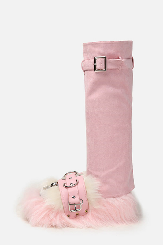 Faux Fur Buckle Belted Platform Knee High Boots - Pink