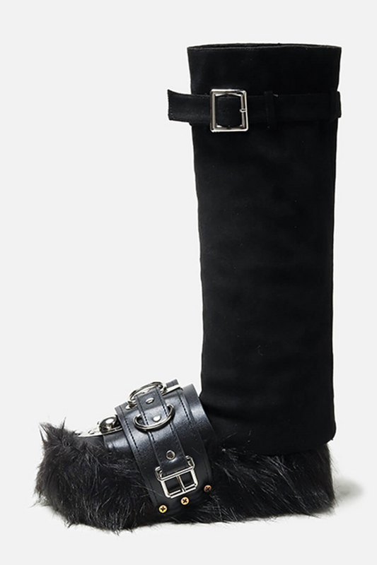 Faux Fur Belted Platform Slipper - Black