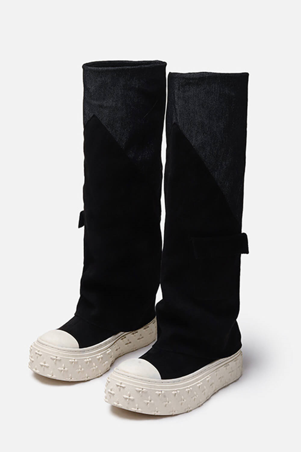 Canvas Denim Fold Over Knee High Sneaker With Pocket Details - Black