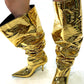Metallic Bucket Point Toe Over The Knee Stiletto Heeled Boots - Gold