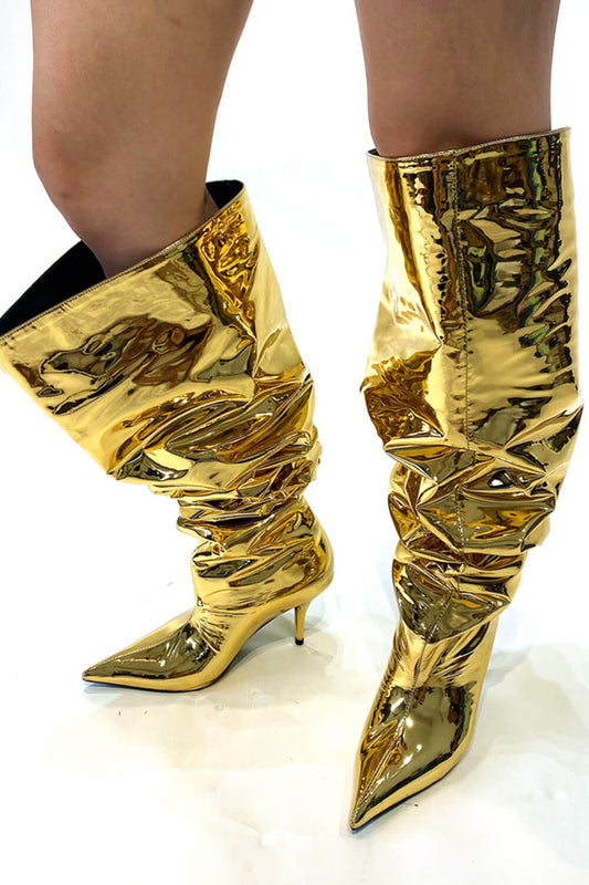 Metallic Bucket Point Toe Over The Knee Stiletto Heeled Boots - Gold