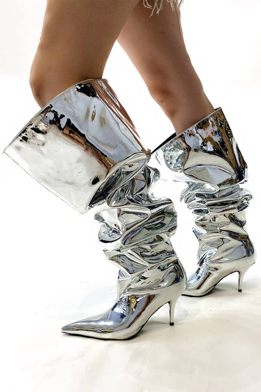 Metallic Bucket Point Toe Over The Knee Stiletto Heeled Boots - Silver