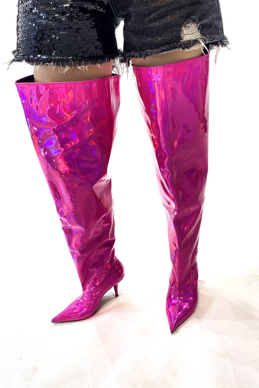 Metallic Bucket Point Toe Over The Knee Stiletto Heeled Boots - Hot Pink