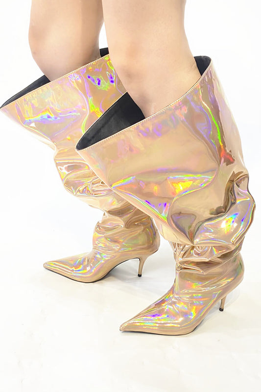Metallic Bucket Point Toe Over The Knee Stiletto Heeled Boots - Champagne
