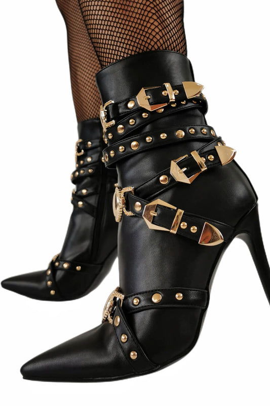 Buckle Studded Strap Pointed-Toe High Heel Ankle Boots