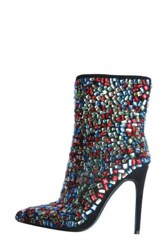 Multicolor Gem And Rhinestone Embellished Pointed Toe Ankle Stiletto Bootie - Multicolor