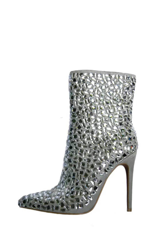 Multicolor Gem And Rhinestone Embellished Pointed Toe Ankle Stiletto Bootie - Silver