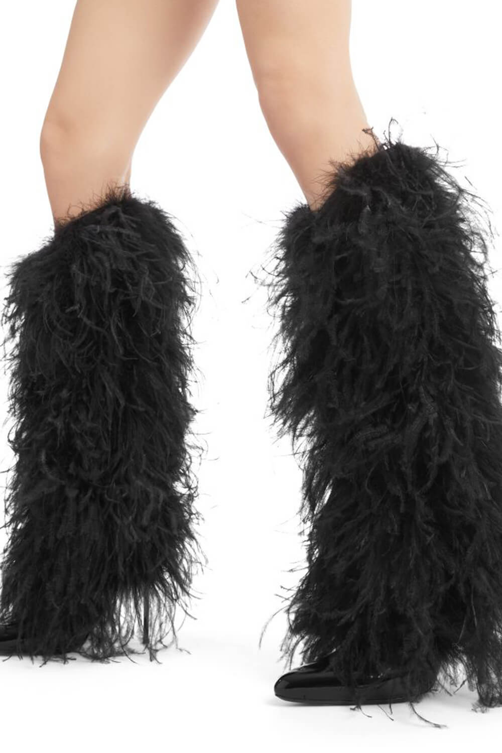 Fluffy Feather Pointed Toe Knee High Stiletto Boots - Black