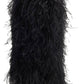 Fluffy Feather Pointed Toe Knee High Stiletto Boots - Black