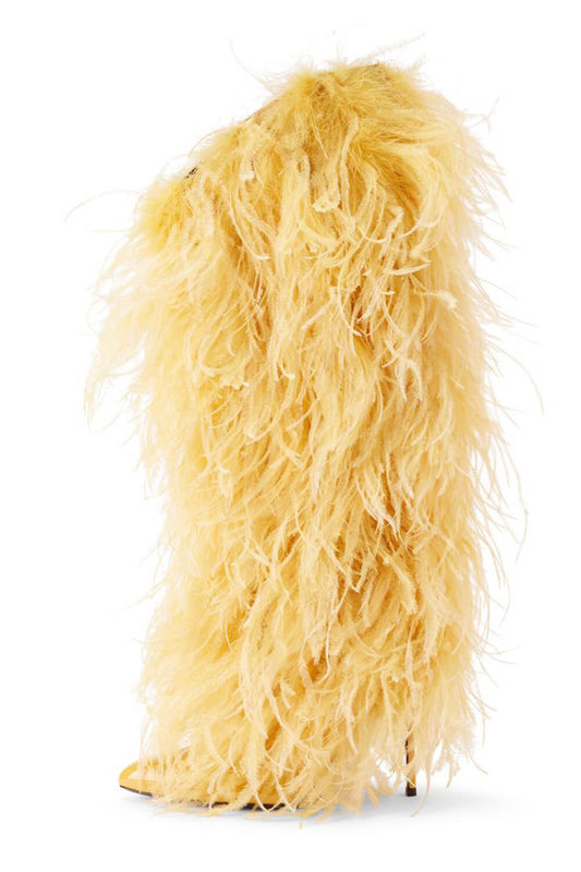 Fluffy Feather Pointed Toe Knee High Stiletto Boots - Yellow