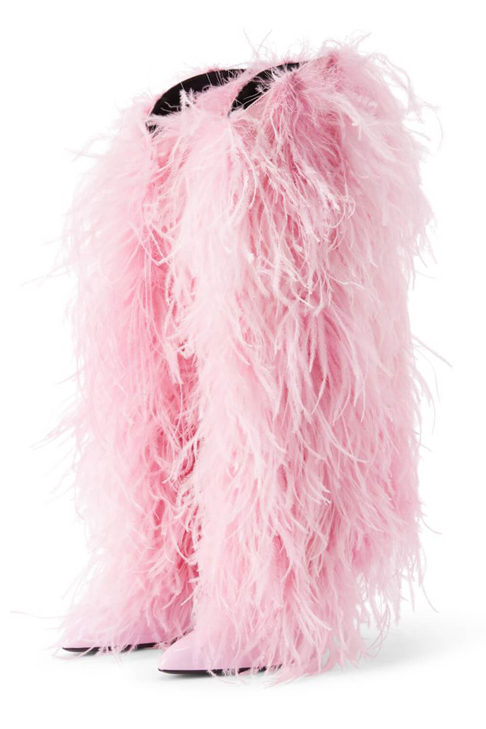 Fluffy Feather Pointed Toe Knee High Stiletto Boots - Pink