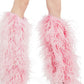 Fluffy Feather Pointed Toe Knee High Stiletto Boots - Pink