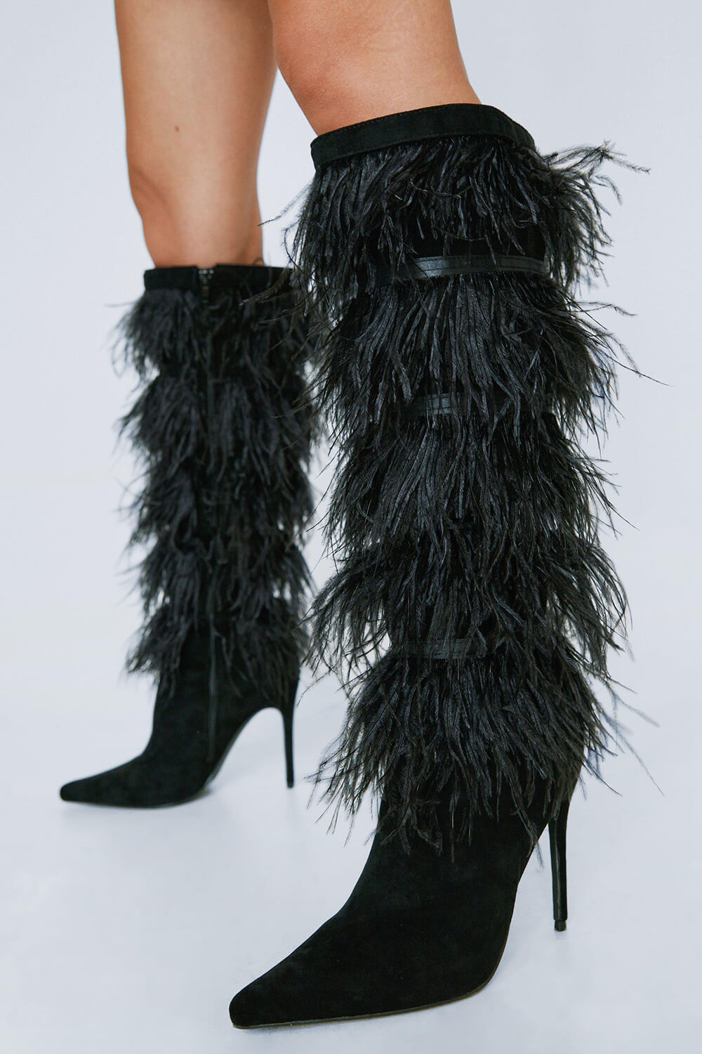 Saint Feather Layered Pointed Toe Knee High Stiletto Boots - Black